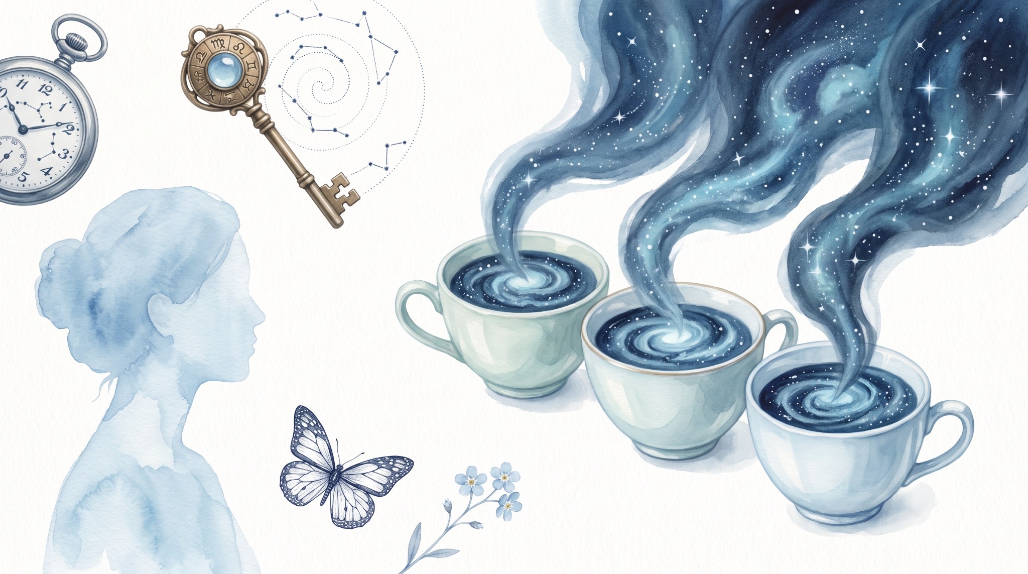 Watercolor galaxies rising from porcelain tea, with a brass key and delicate constellations