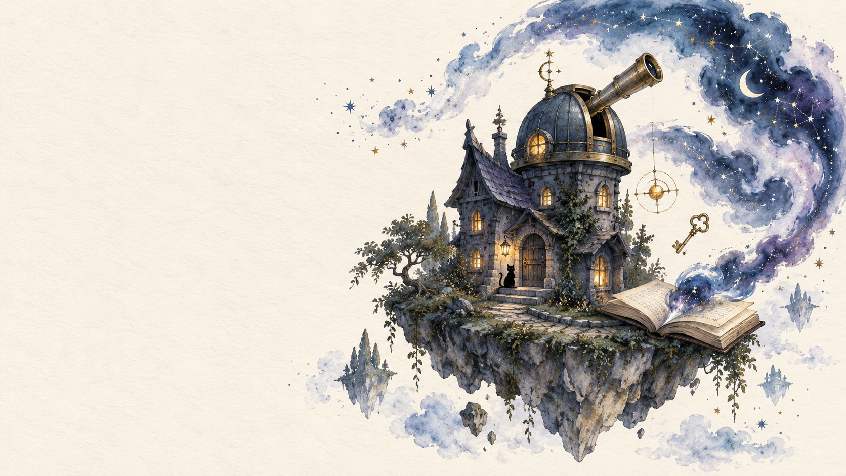 A crooked watercolor observatory, a brass telescope, and a tiny cat on an island floating beneath ink-blue stars